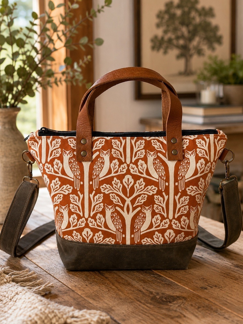 Heidi West Designs Owl & Oak Waxed Canvas Crossbody Tote Leather Handles